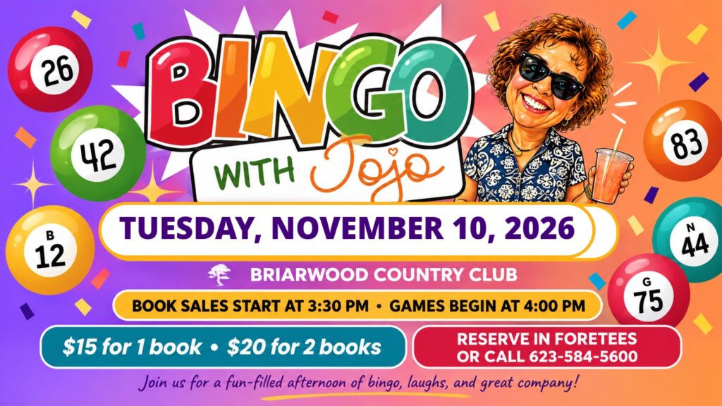 Bingo with Jojo flyer, Tuesday, November 10, 2026 at Briarwood Country Club