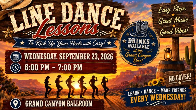Line Dancing Lessons flyer, Wednesday, September 23, 2026, 6:00–7:00 PM at Briarwood Country Club, Grand Canyon Ballroom, Sun City West